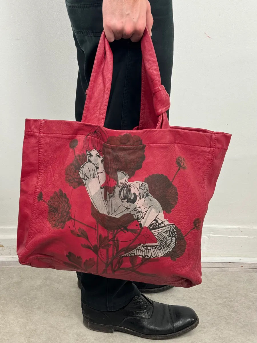 AW2010 John Galliano Red Dahlia Flowers & Geiko Girls Print Tote Bag sUGOyFk 2