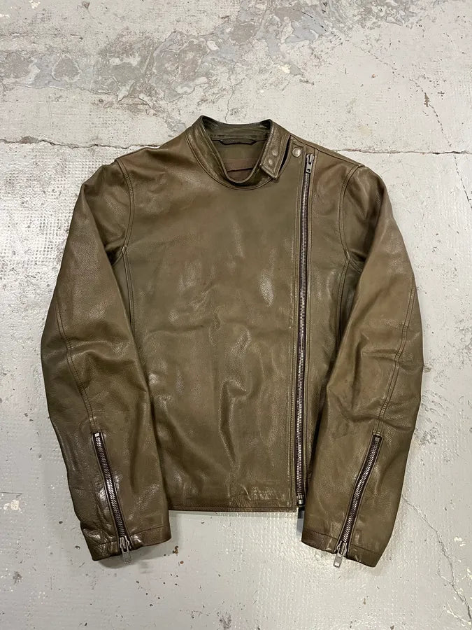 SS2010 Maison Margiela Biker Uruguay Asymmetrical Zip Brown Leather Jacket TxiVCWe 0