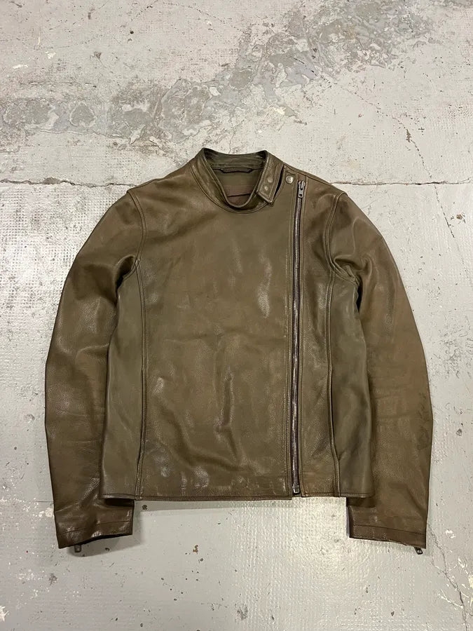 SS2010 Maison Margiela Biker Uruguay Asymmetrical Zip Brown Leather Jacket TxiVCWe 2