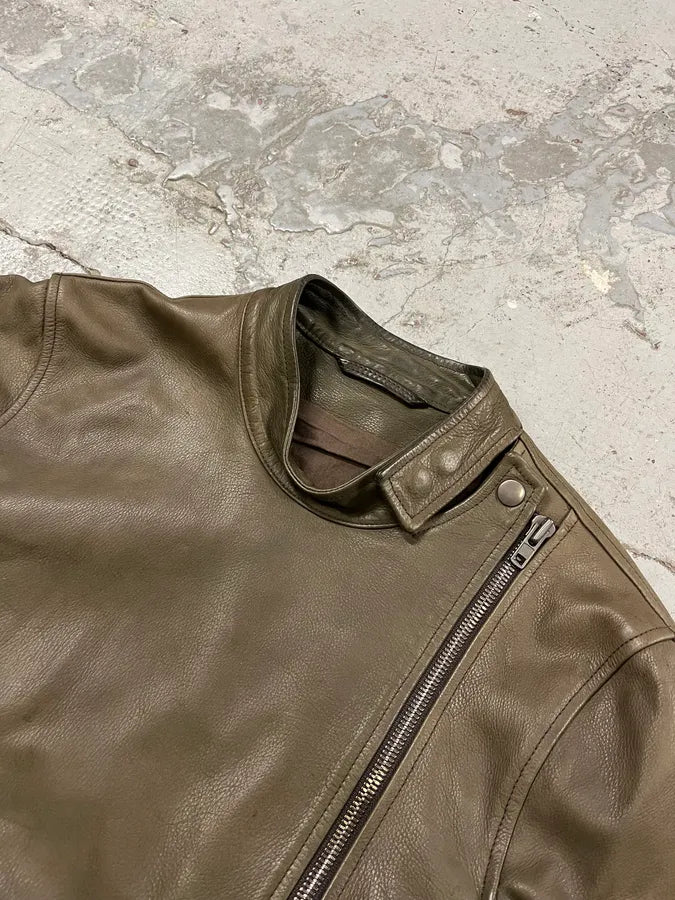 SS2010 Maison Margiela Biker Uruguay Asymmetrical Zip Brown Leather Jacket TxiVCWe 4
