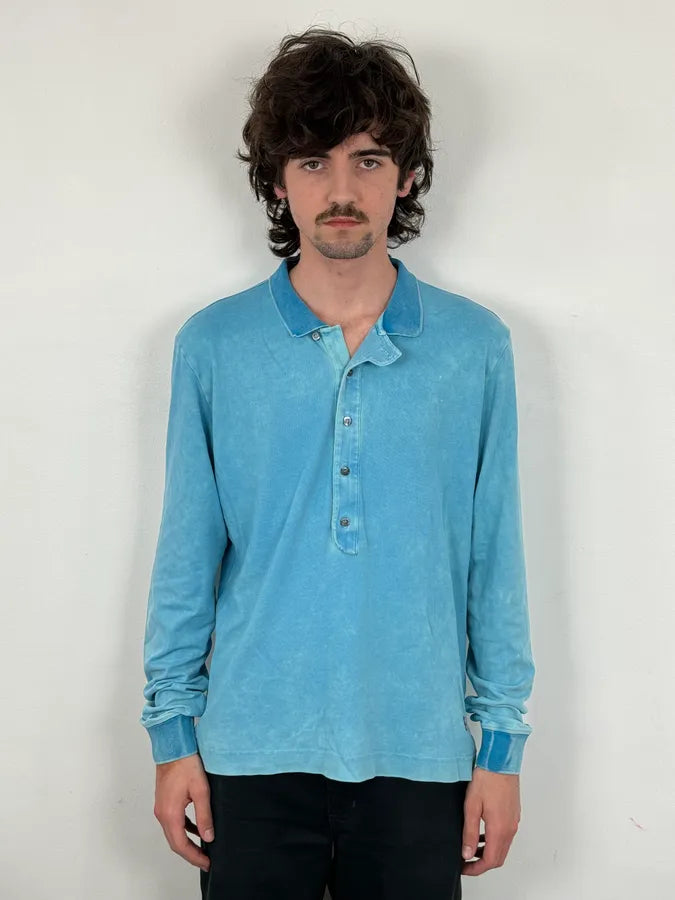 SS2011 Balmain Blue Bleached Longsleeve Polo By Christophe Decarnin kedVSfw 1