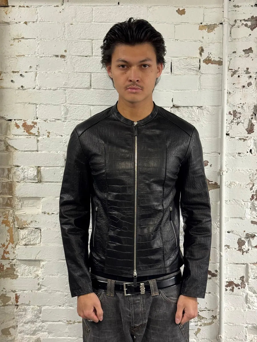SS2011 Emporio Armani Black Crocodile-Embossed Leather Jacket oQrEbHj 2