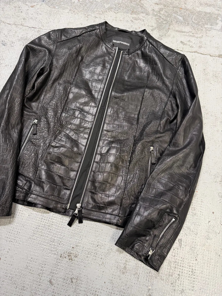 SS2011 Emporio Armani Black Crocodile-Embossed Leather Jacket oQrEbHj 8