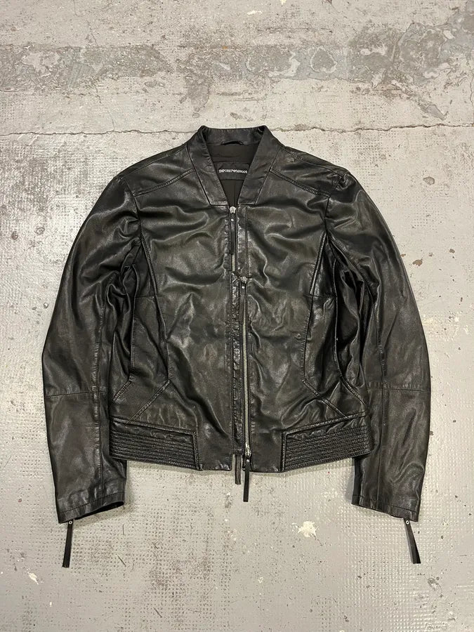 SS2011 Emporio Armani Structured Black Leather Multi Zip Jacket IoQUmxJ 0