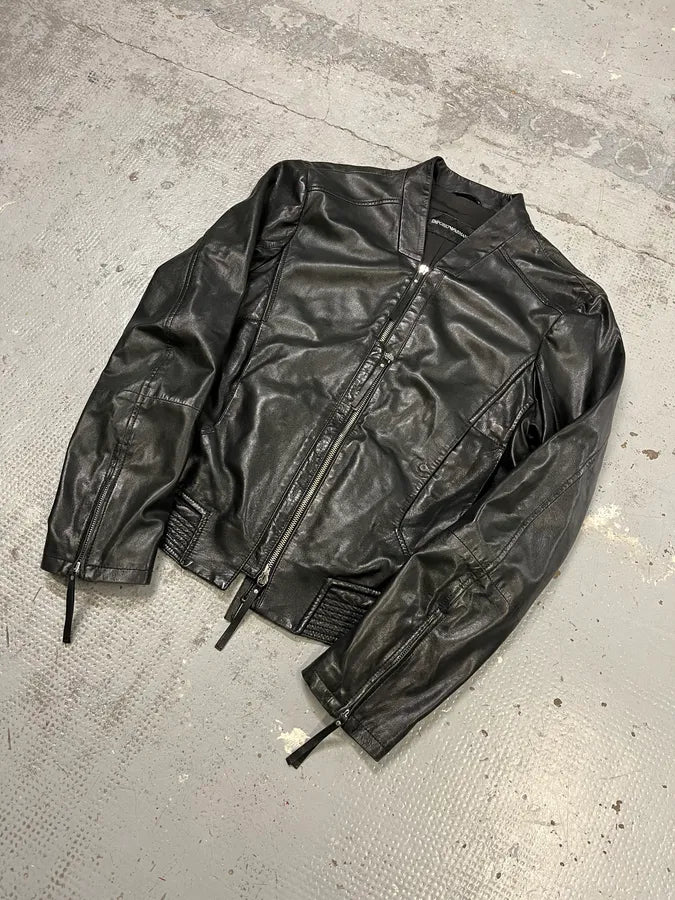 SS2011 Emporio Armani Structured Black Leather Multi Zip Jacket IoQUmxJ 3