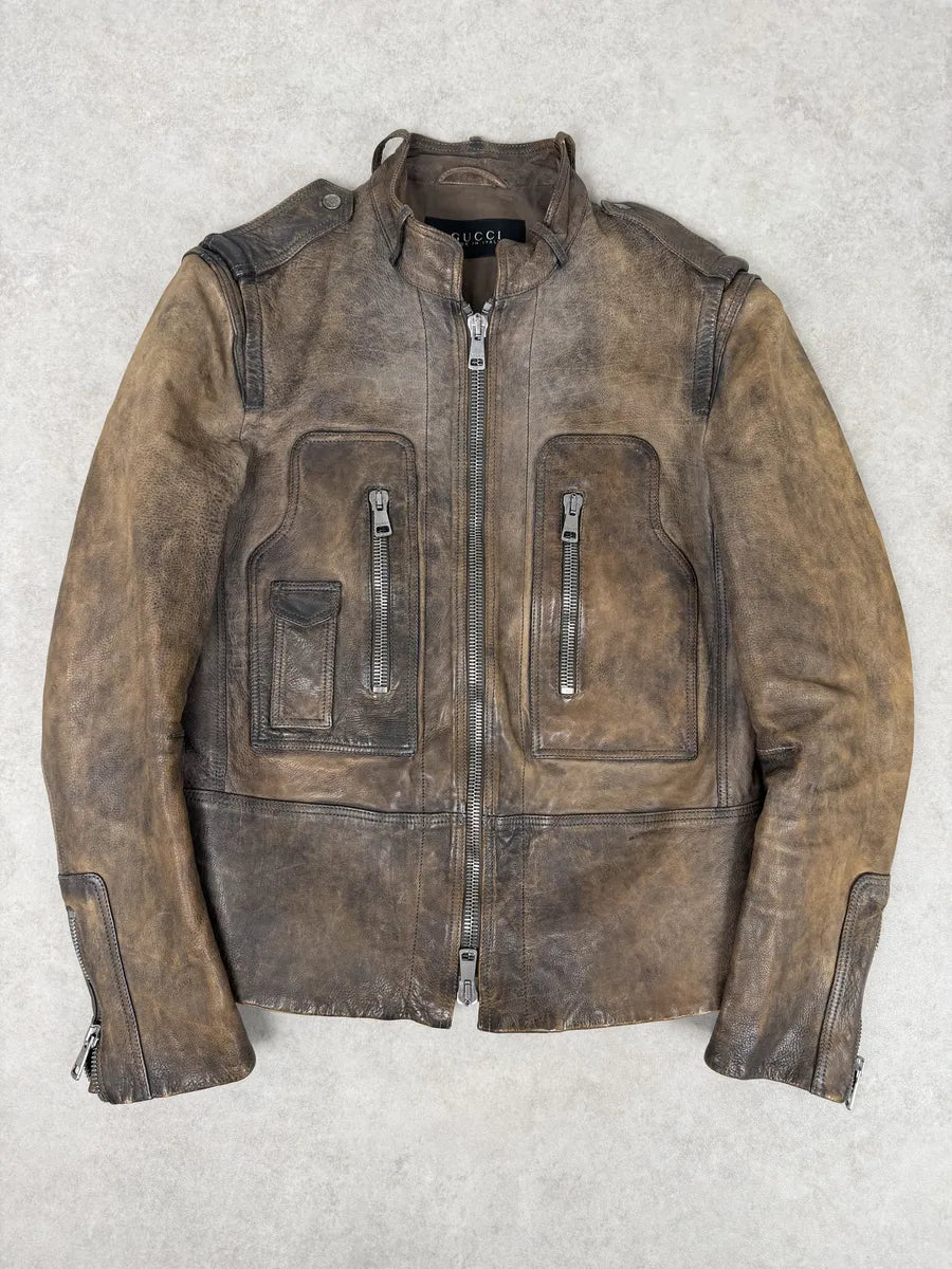 SS2011 Gucci Brown Embroidered Back Leather Jacket by Frida Giannini vKBgibM 2