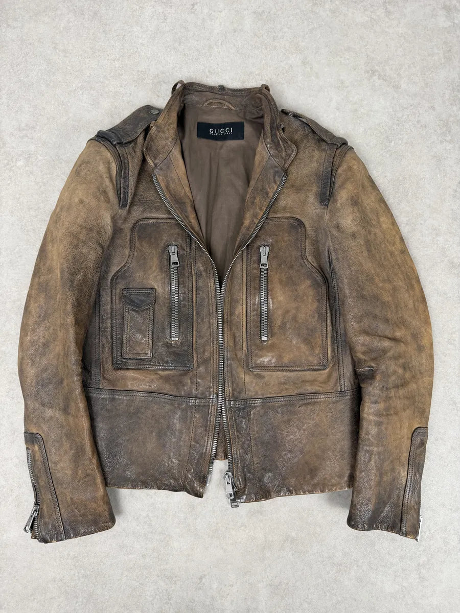 SS2011 Gucci Brown Embroidered Back Leather Jacket by Frida Giannini vKBgibM 6