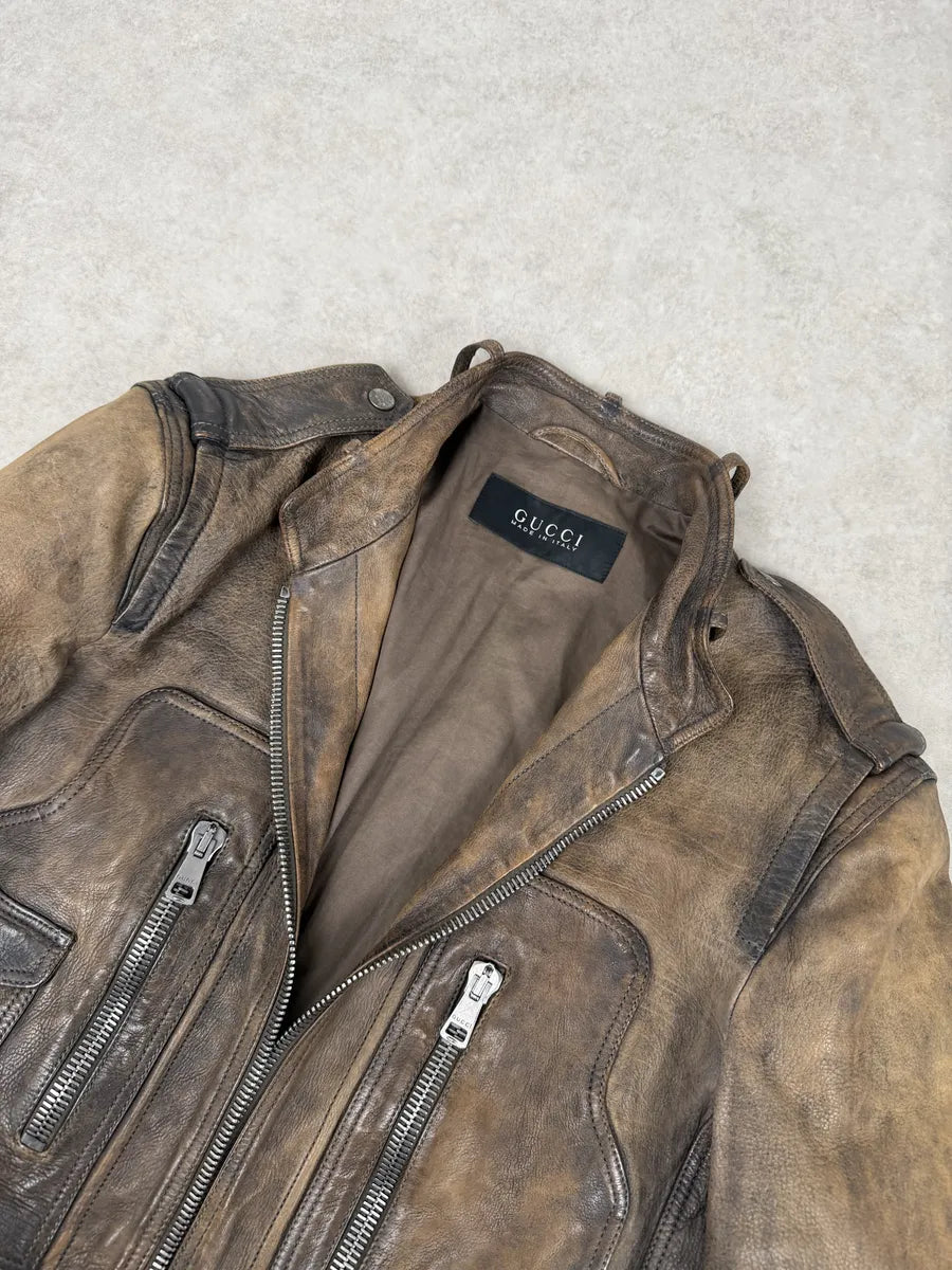 SS2011 Gucci Brown Embroidered Back Leather Jacket by Frida Giannini vKBgibM 8