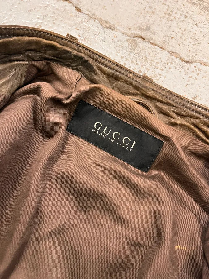 SS2011 Gucci Brown Leather Tribal Fantasy Back Jacket by Frida Giannini xjldWdj 9