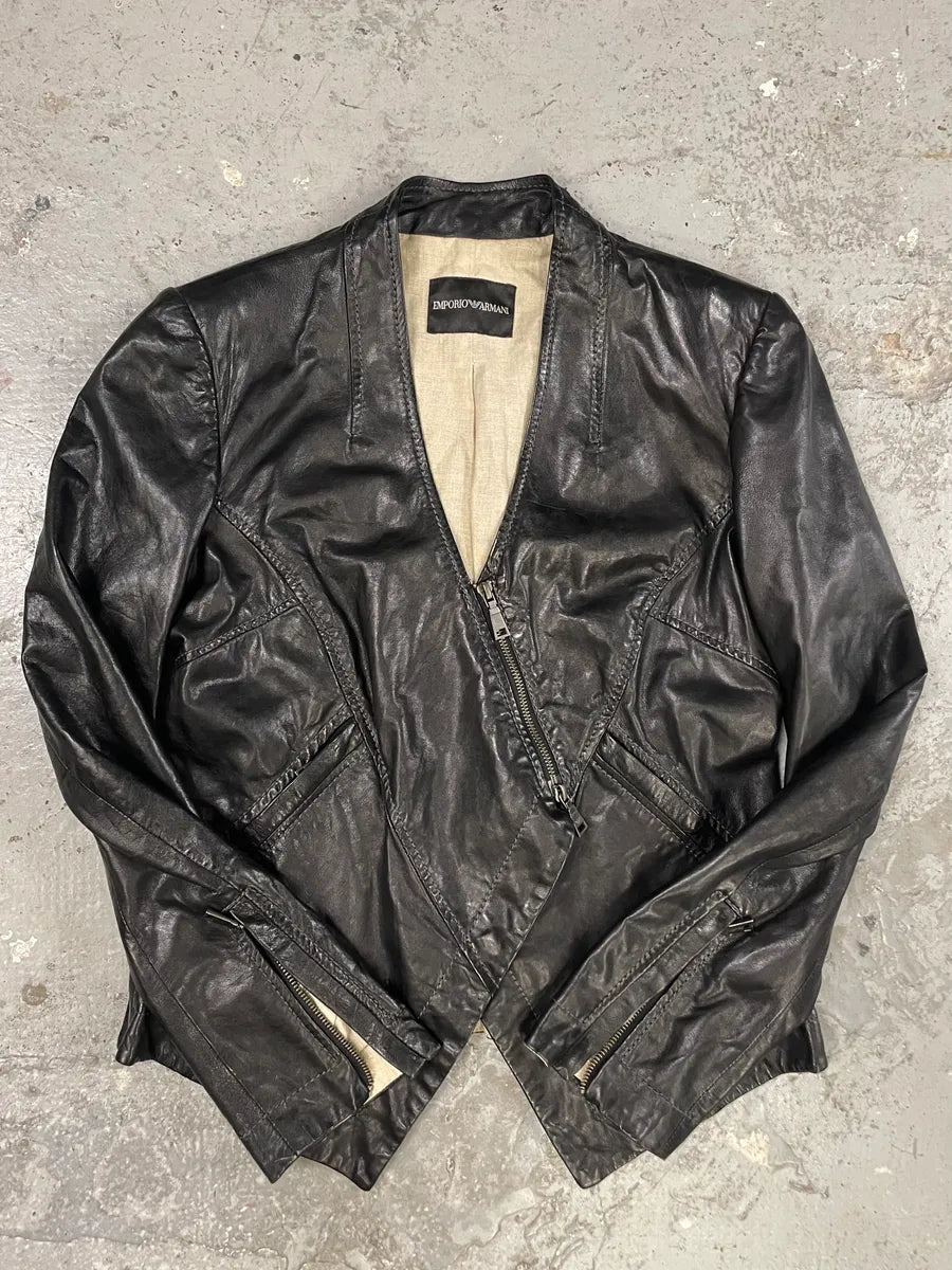 SS2012 Emporio Armani Black Leather Asymmetrical Jacket YffCdRC 1