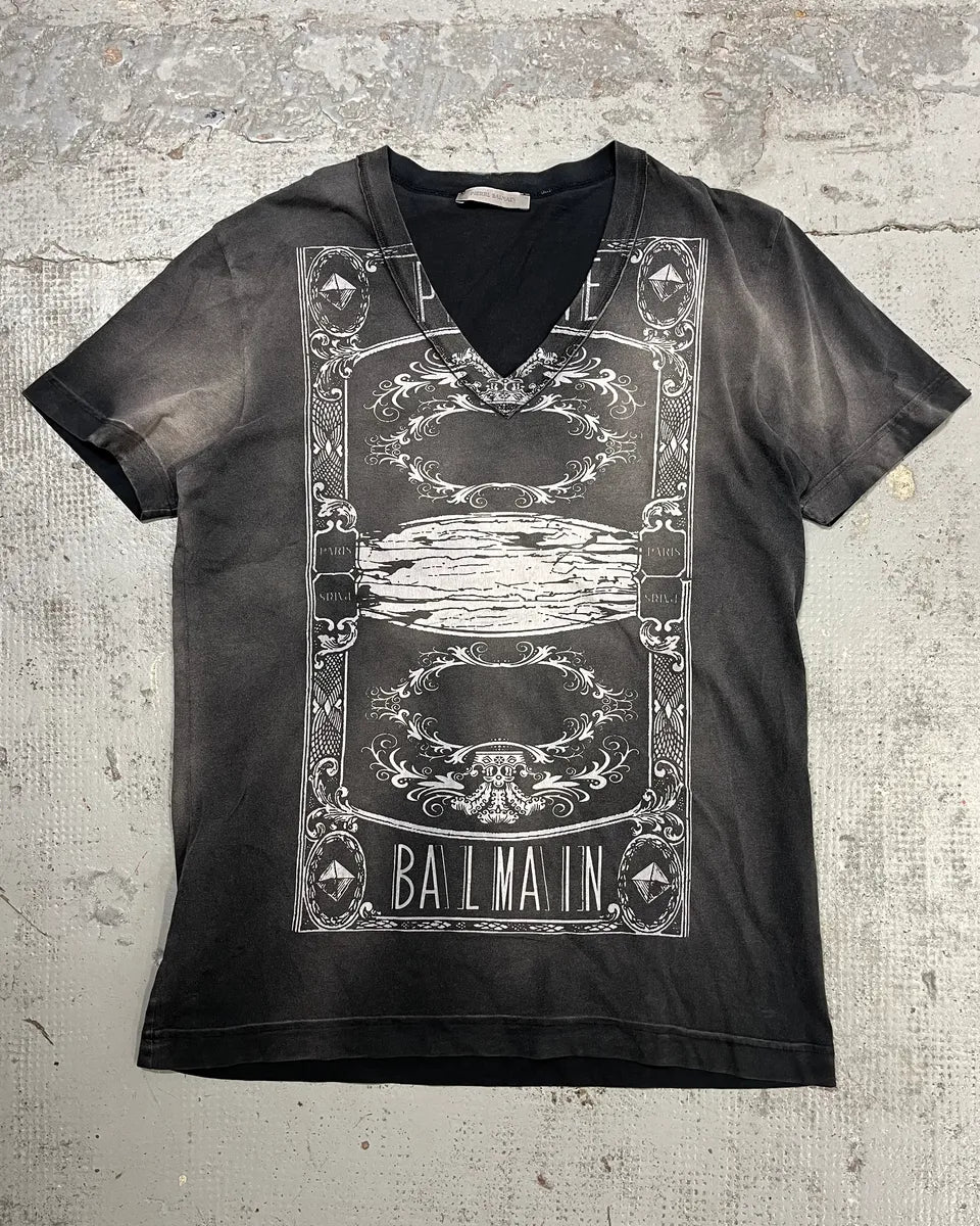 SS2012 Balmain Ornamental Print V-Neck Faded Grey T-Shirt scgxHdf 0