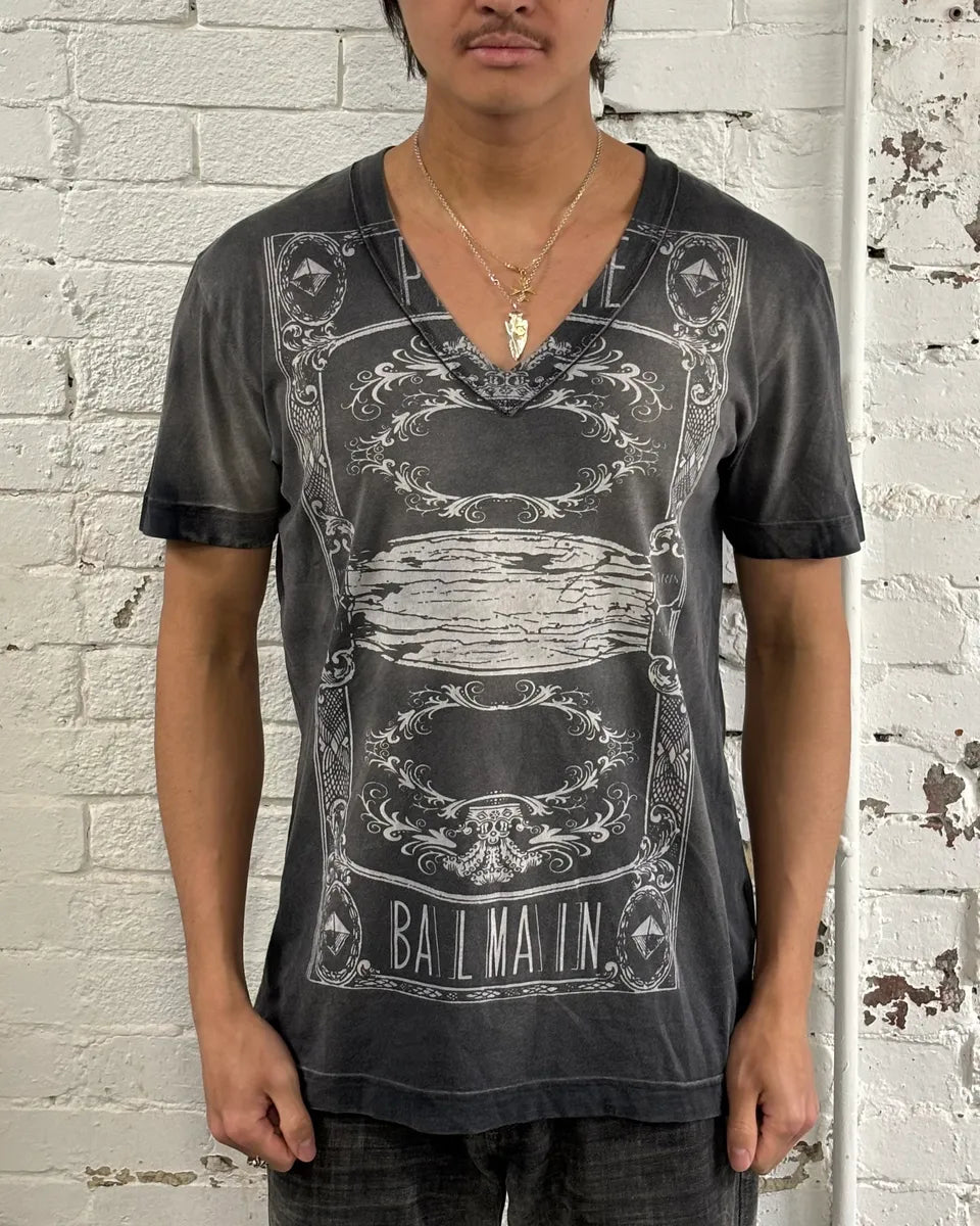 SS2012 Balmain Ornamental Print V-Neck Faded Grey T-Shirt scgxHdf 1