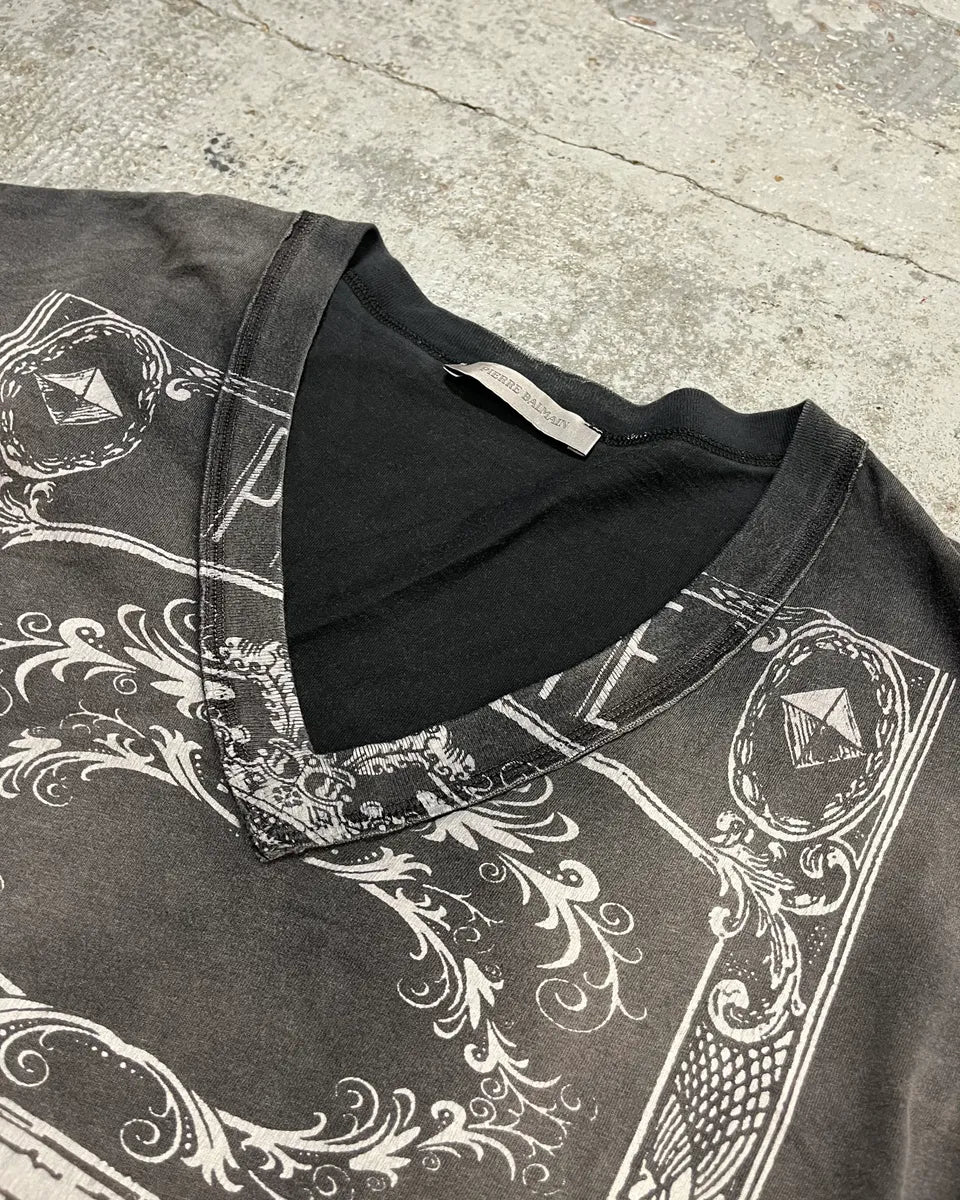 SS2012 Balmain Ornamental Print V-Neck Faded Grey T-Shirt scgxHdf 4