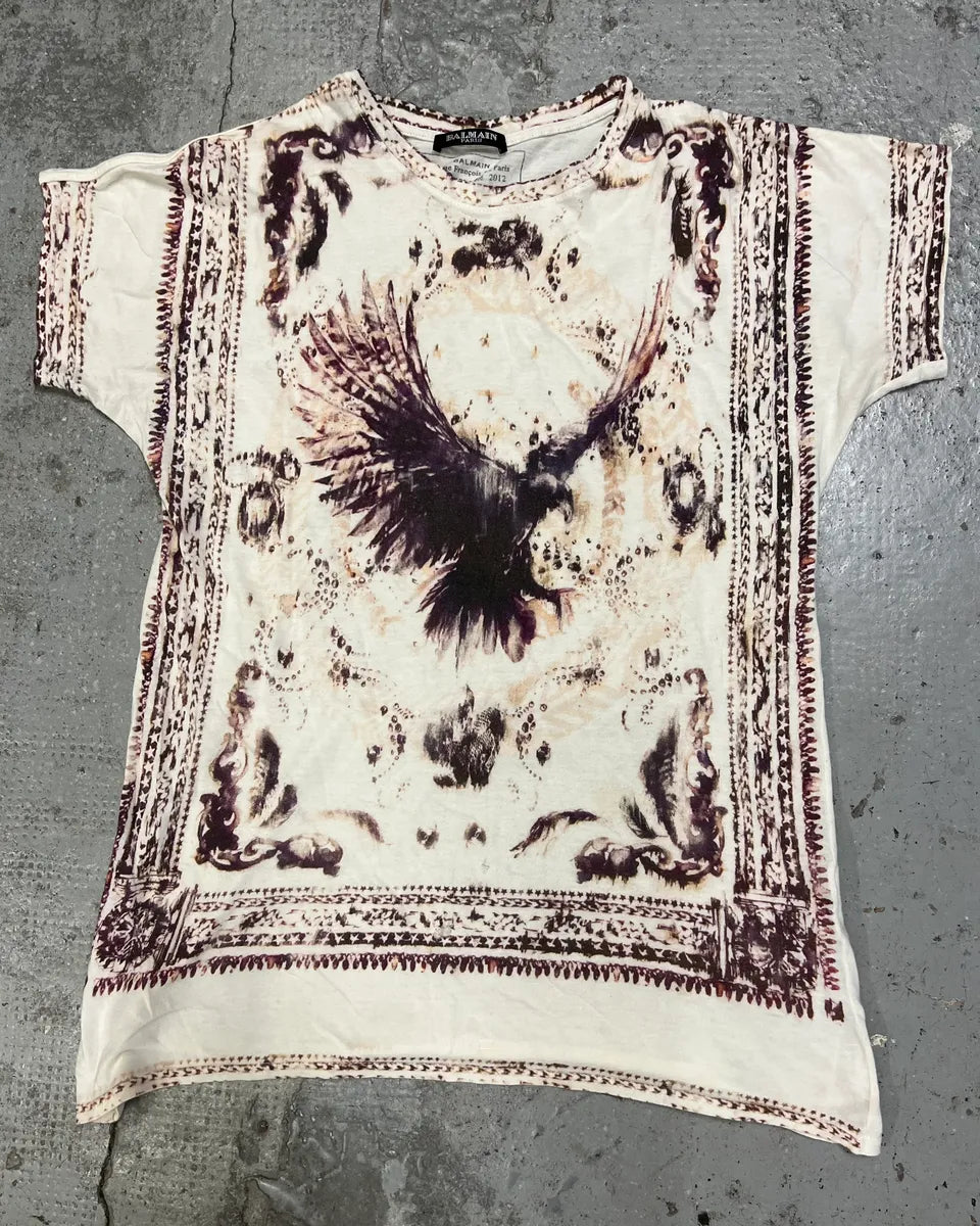 SS2012 Balmain White & Bordeaux Eagle T-Shirt mmWfQnm 0