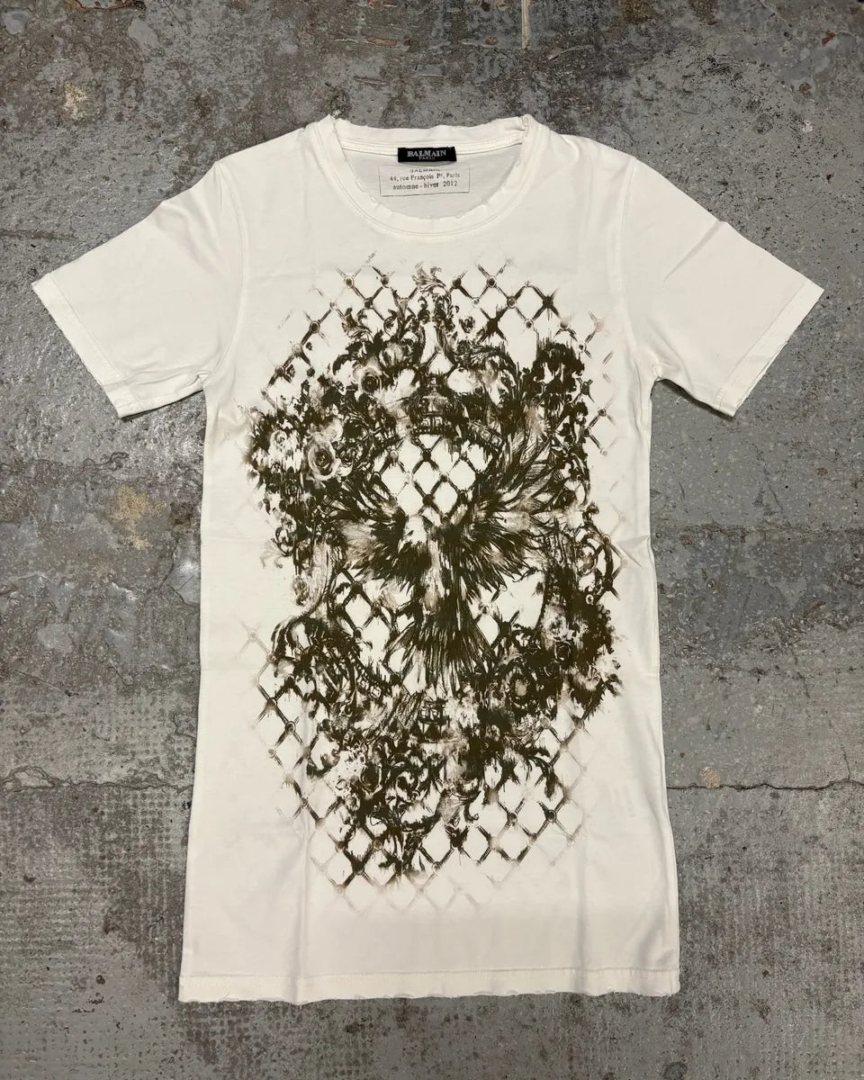 SS2012 Balmain White &  Brown Flowers T-Shirt znDUNHJ 0
