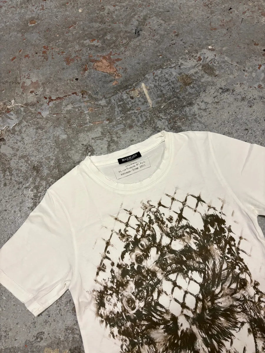 SS2012 Balmain White &  Brown Flowers T-Shirt znDUNHJ 2