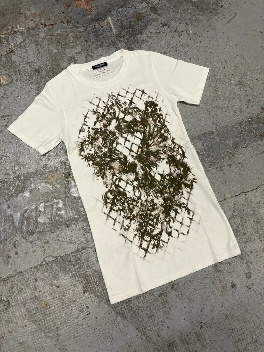 SS2012 Balmain White &  Brown Flowers T-Shirt znDUNHJ 3