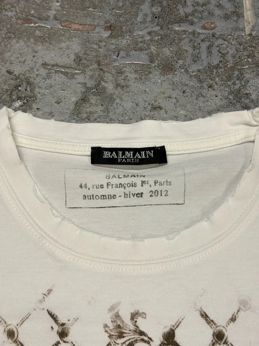 SS2012 Balmain White &  Brown Flowers T-Shirt znDUNHJ 6