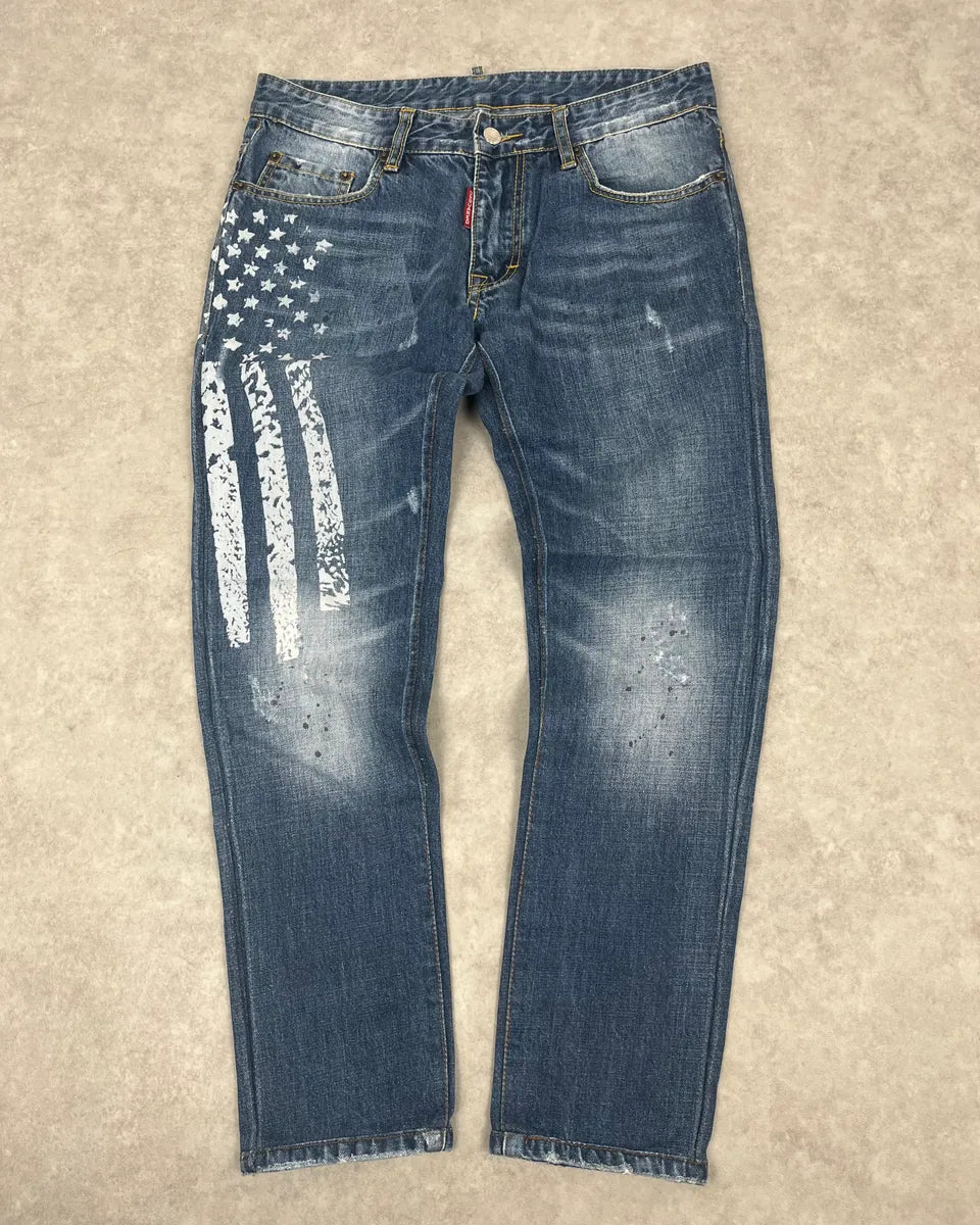 SS2012 Dsquared2 Blue USA Flag Print Blue Denim Jeans BlNFbeX 0