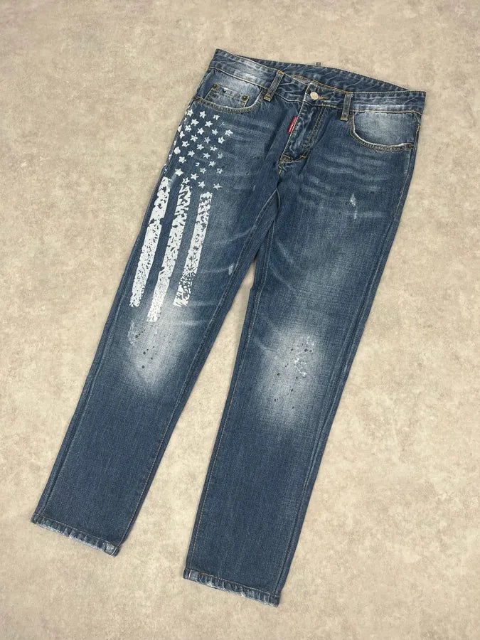 SS2012 Dsquared2 Blue USA Flag Print Blue Denim Jeans BlNFbeX 4