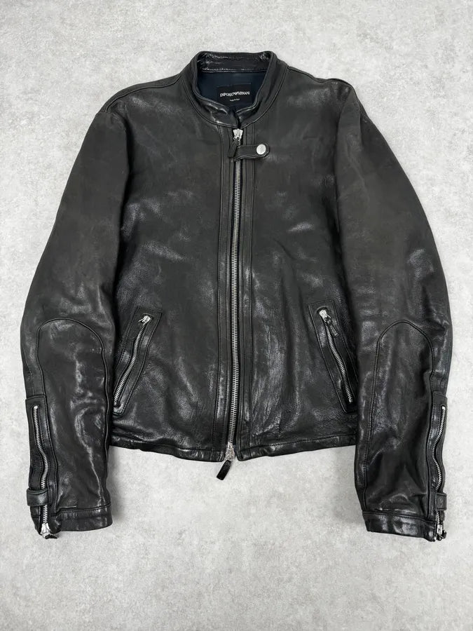 SS2012 Emporio Armani Black Biker Leather Jacket zSvAuDQ 0