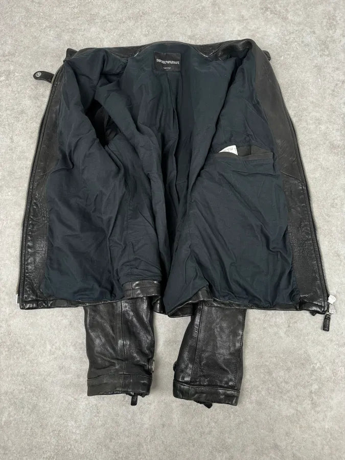 SS2012 Emporio Armani Black Biker Leather Jacket zSvAuDQ 7
