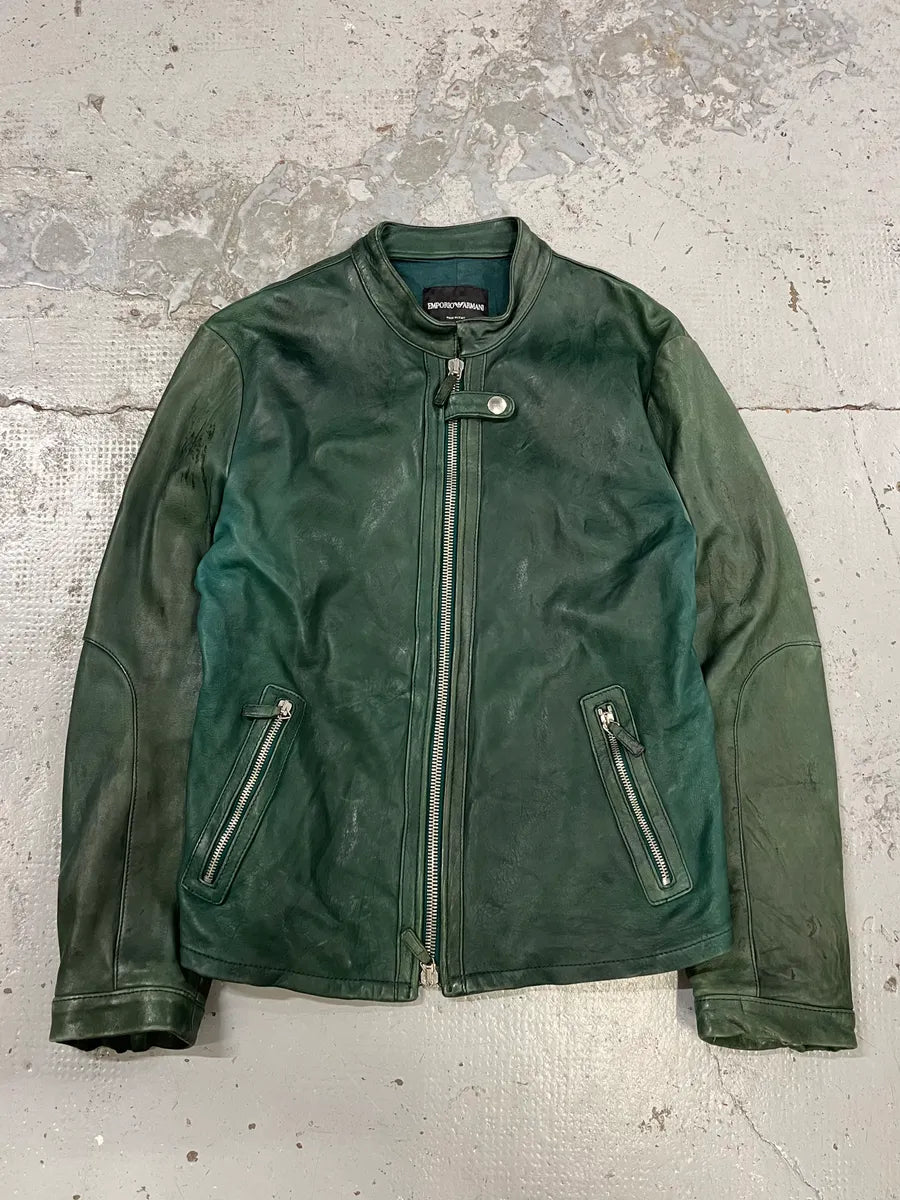 SS2012 Emporio Armani Green Biker Leather Jacket BRjutVr 0