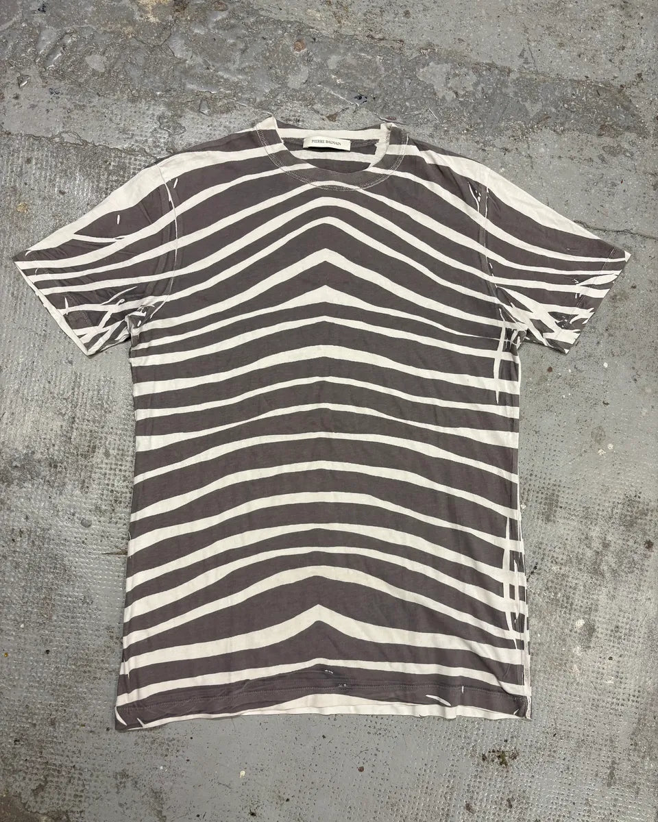 SS2012 Pierre Balmain White & Grey Zebra Striped Savage T-Shirt pSakHNG 0