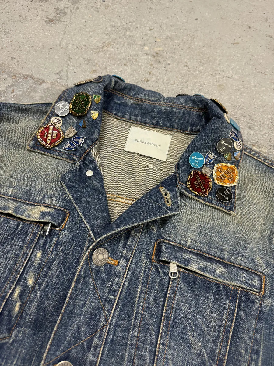 SS2012 Pierre Balmain Winner Pins Faded Denim Jacket TGjUQrR 5