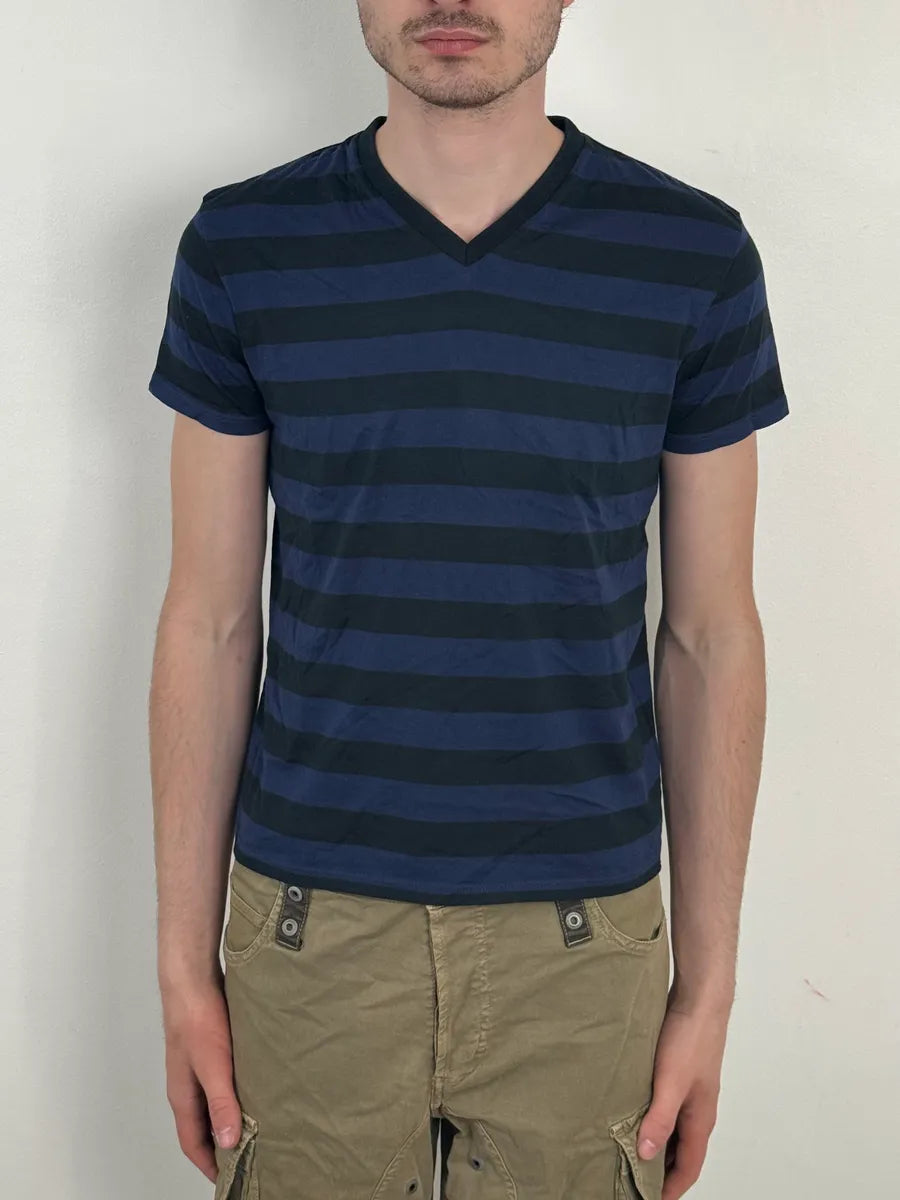 SS2012 Saint Laurent Blue & Black Striped V Neck T-Shirt by Hedi Slimane OLlLZnd 2