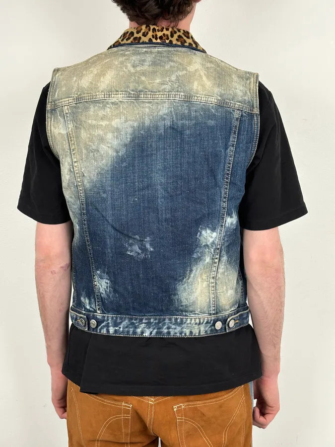 SS2013 Dsquared2 Blue Distressed Leopard Collar Denim Vest uPiNBuP 3