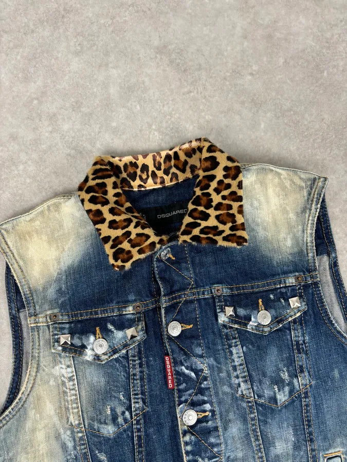SS2013 Dsquared2 Blue Distressed Leopard Collar Denim Vest uPiNBuP 4