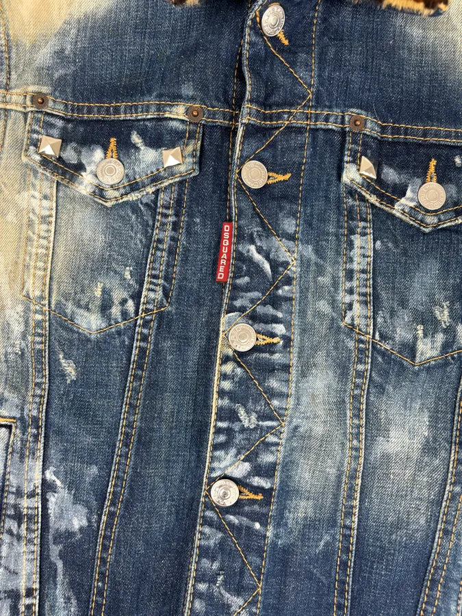 SS2013 Dsquared2 Blue Distressed Leopard Collar Denim Vest uPiNBuP 9