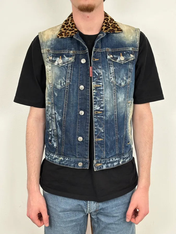 SS2013 Dsquared2 Blue Distressed Leopard Collar Denim Vest uPiNBuP 2