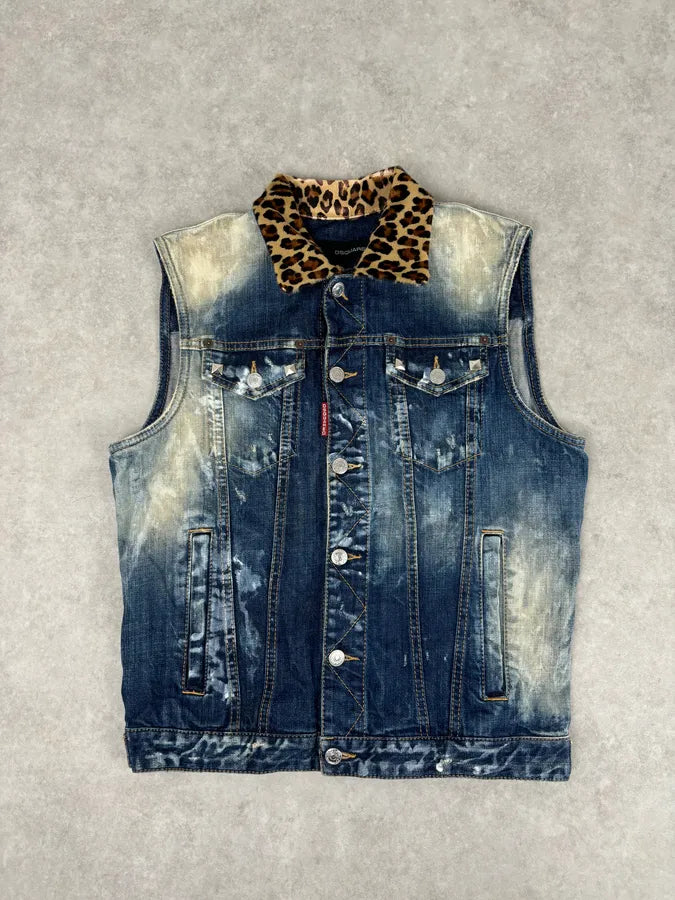SS2013 Dsquared2 Blue Distressed Leopard Collar Denim Vest uPiNBuP 0