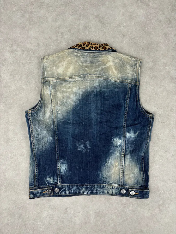 SS2013 Dsquared2 Blue Distressed Leopard Collar Denim Vest uPiNBuP 5