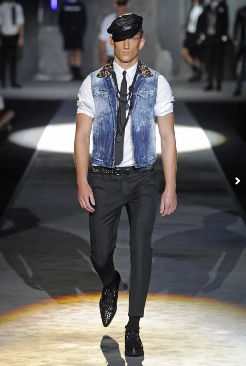 SS2013 Dsquared2 Blue Distressed Leopard Collar Denim Vest uPiNBuP 1