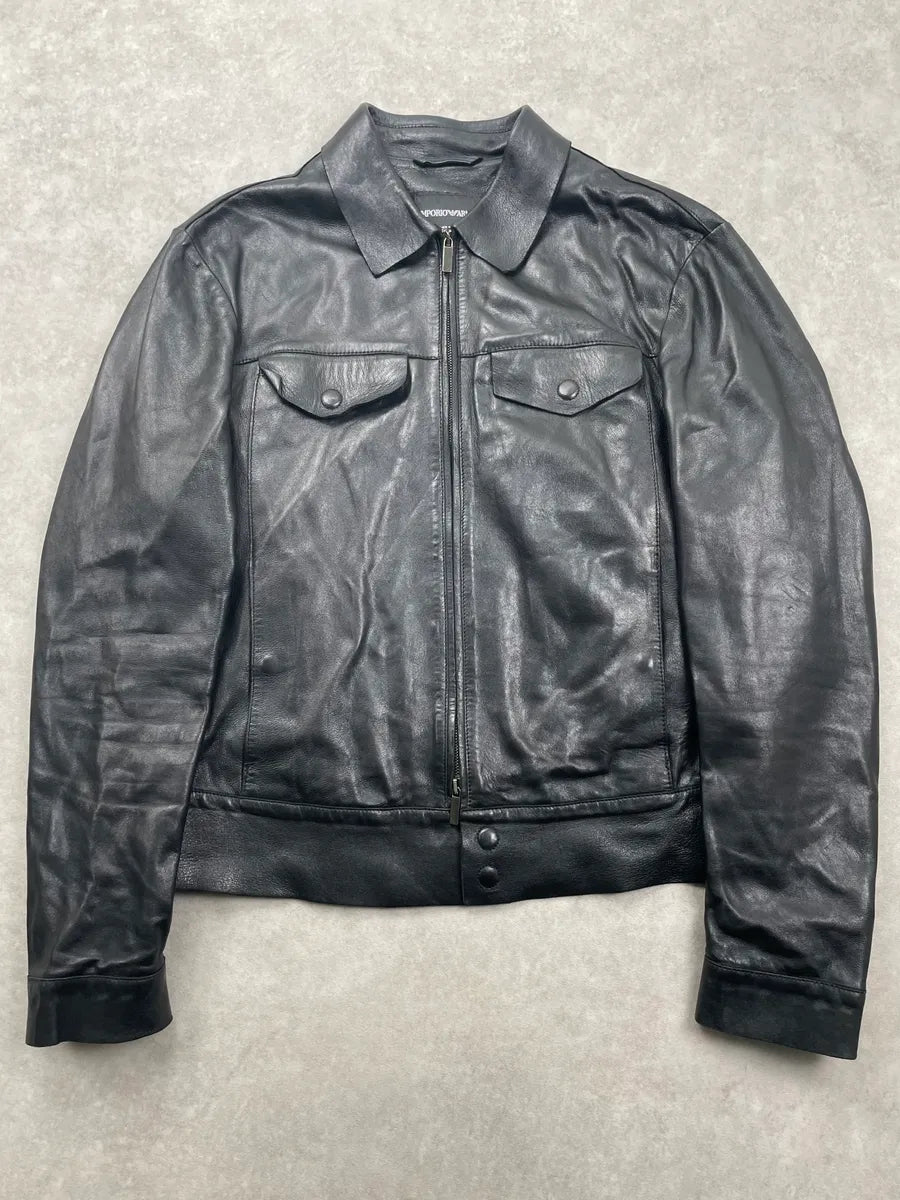 SS2013 Emporio Armani Black Leather Zip-Front Leather Jacket xwlzxpas 0