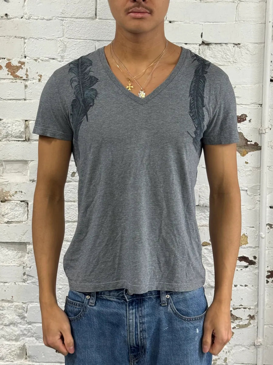 SS2014 Alexander McQueen Feathers V Neck Grey T-Shirt VxZdEXy 0