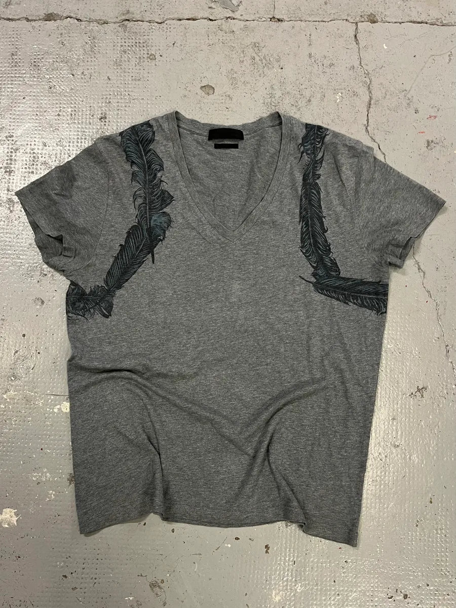 SS2014 Alexander McQueen Feathers V Neck Grey T-Shirt VxZdEXy 1