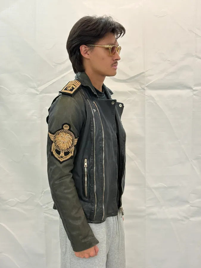 SS2014 Balmain Faded Embroidered Officer Perfecto Leather Jacket JjyzyCr 3