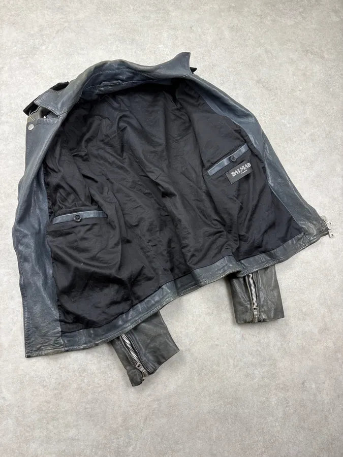 SS2014 Balmain Faded Embroidered Officer Perfecto Leather Jacket JjyzyCr 8