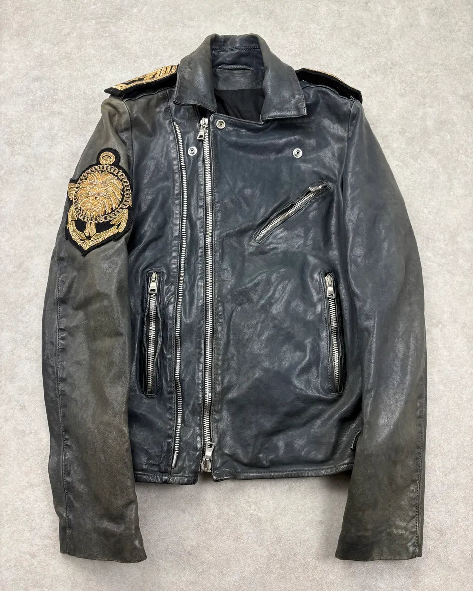 SS2014 Balmain Faded Embroidered Officer Perfecto Leather Jacket JjyzyCr 0