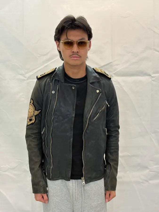 SS2014 Balmain Faded Embroidered Officer Perfecto Leather Jacket JjyzyCr 2