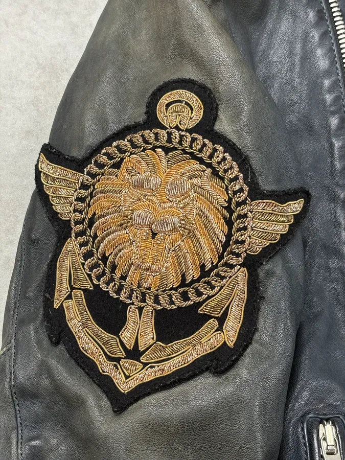 SS2014 Balmain Faded Embroidered Officer Perfecto Leather Jacket JjyzyCr 12