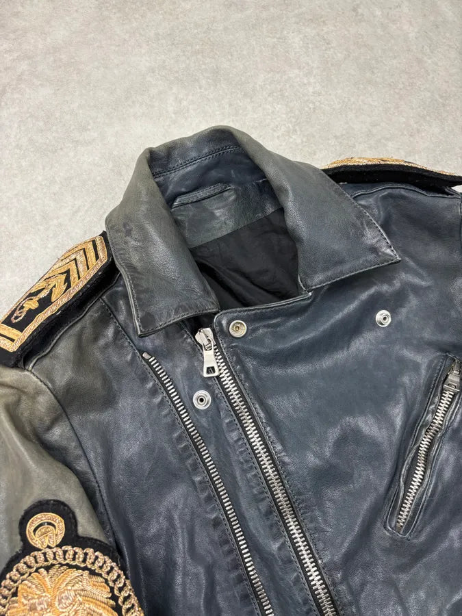 SS2014 Balmain Faded Embroidered Officer Perfecto Leather Jacket JjyzyCr 6