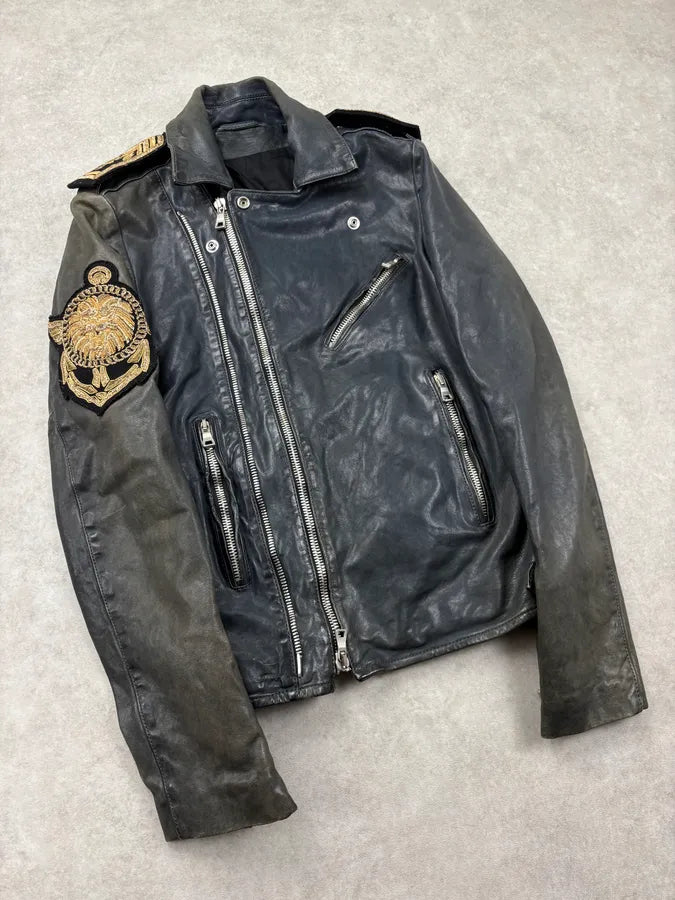 SS2014 Balmain Faded Embroidered Officer Perfecto Leather Jacket JjyzyCr 5