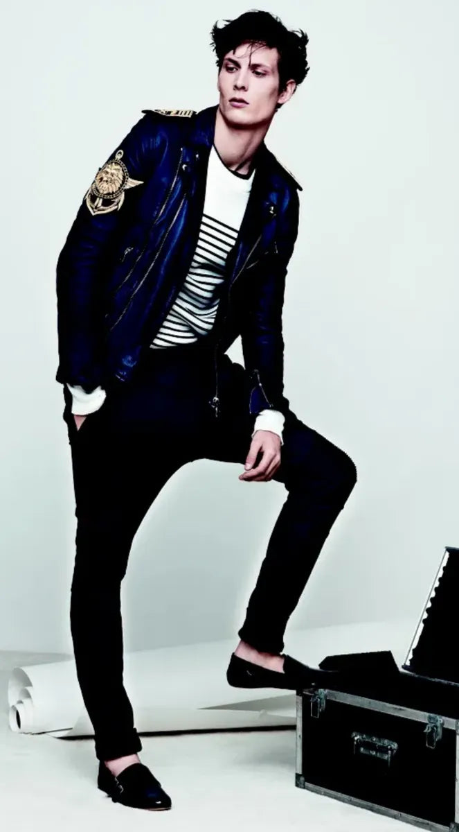 SS2014 Balmain Dark Navy Lambskin Leather Lion Crest Embroidered Biker Jacket LreaYUaU 1