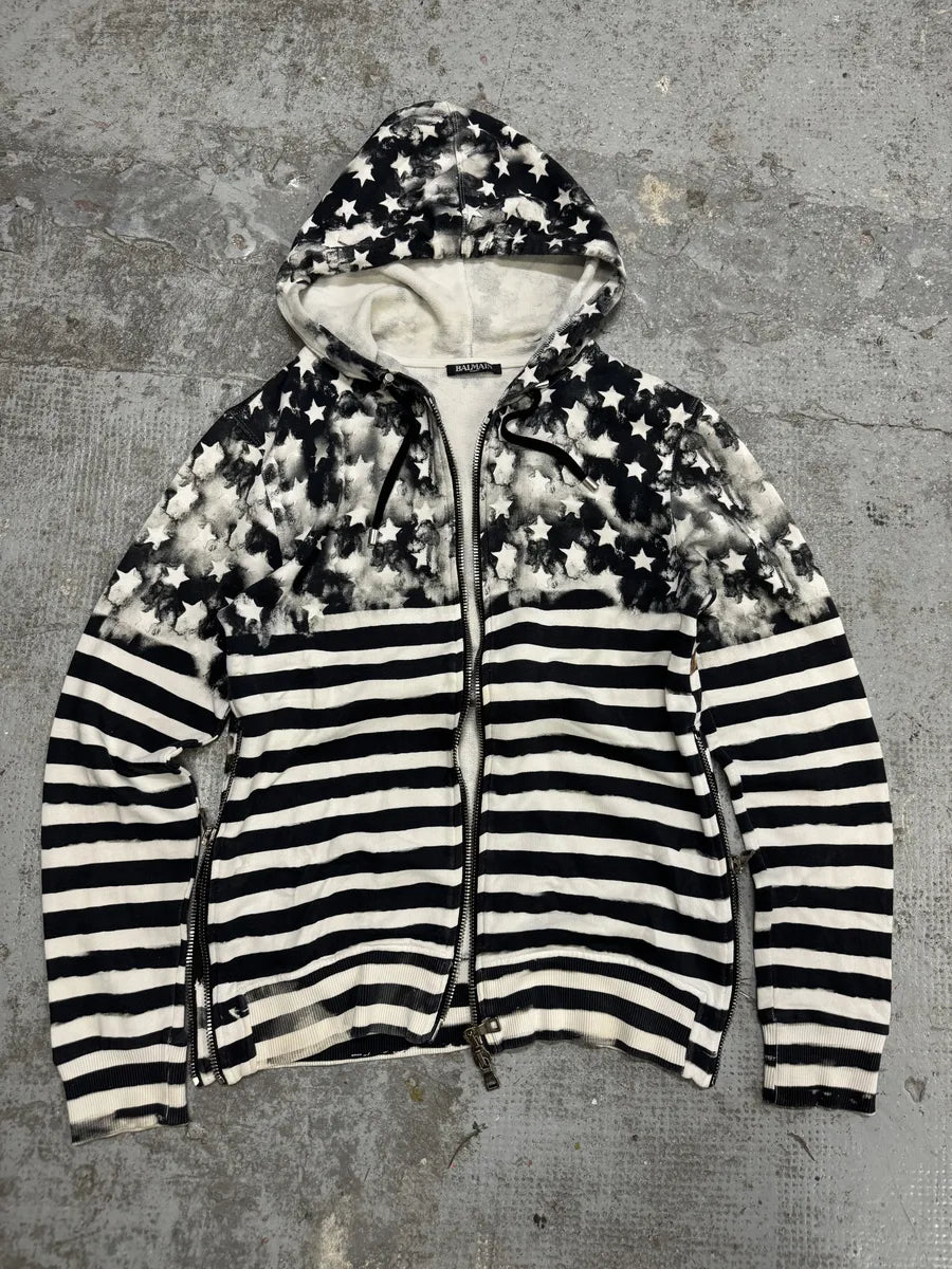 SS2014 Balmain Navy Stripped Star Zip-up Sweatshirt (S) wKFBNkT 0