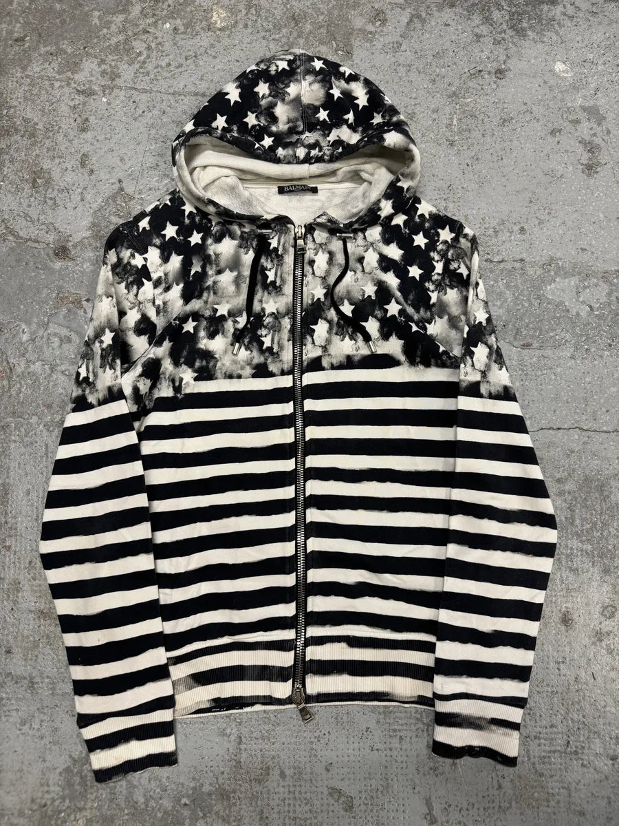 SS2014 Balmain Navy Stripped Star Zip-up Sweatshirt (S) wKFBNkT 7